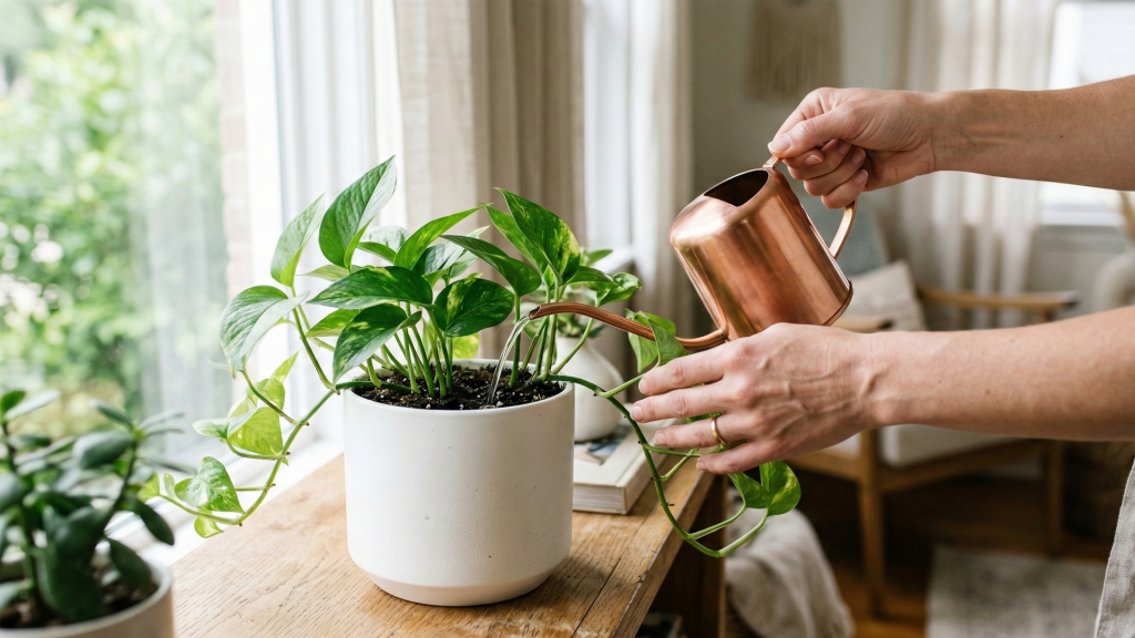 Close‑up of hands gently watering an indoor