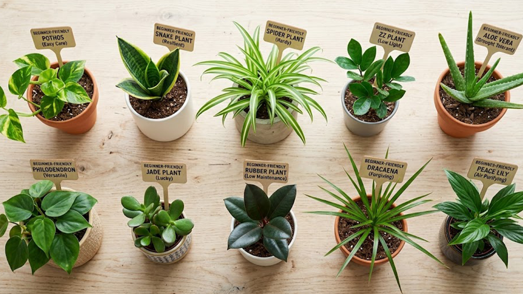 Flat lay of 10 small indoor plants